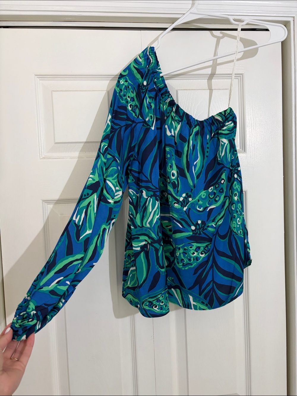Lilly Pulitzer One-Shoulder Blue & Green Tropical Print Blouse